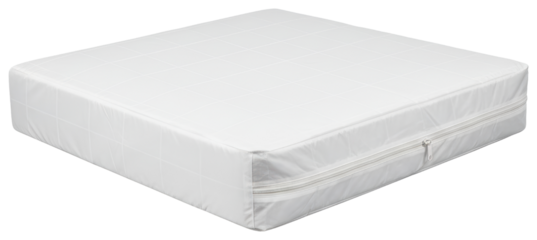 White square foam cushion with zippered quilted protective cover isolated on a transparent background