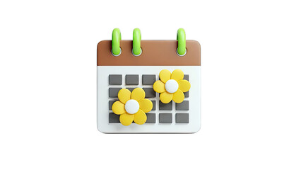 3D Calendar Icon with Yellow Flowers and Green Rings
