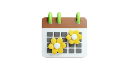 3D Calendar Icon with Yellow Flowers and Green Rings