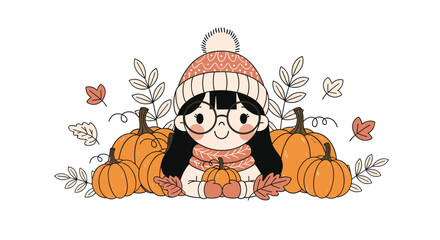 Fototapeta premium Young girl with glasses and a winter hat sitting among a large harvest of orange pumpkins and fallen autumn leaves in a rural setting.
