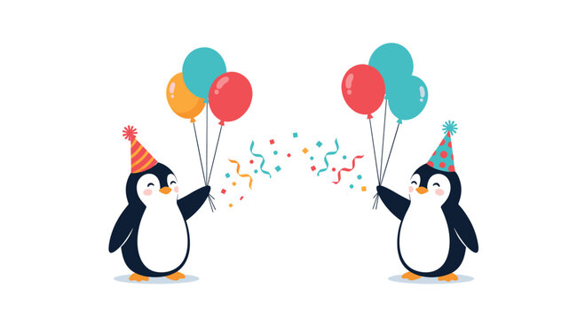 Two cute penguins wearing colorful party hats celebrating together with bright balloons and falling confetti on a white background.