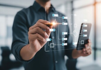 Businessman interacting with a futuristic digital flowchart on a transparent screen, symbolizing data analysis and business strategy