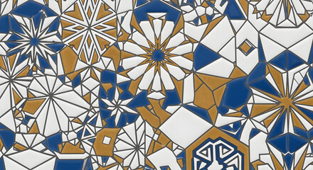 A vibrant geometric pattern featuring intricate shapes and colors, reminiscent of mosaic tile designs. It showcases blue, gold, white