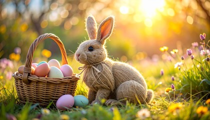 Handmade Easter bunny made of burlap and twine, sitting next to a wicker basket of pastel-colored eggs, in a wildflower garden, soft bokeh background, golden hour lighting
