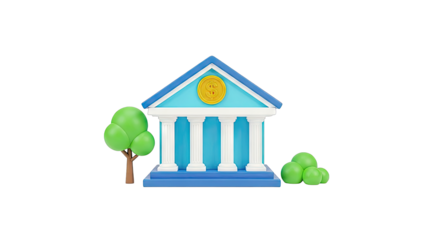 3D Rendered Bank Building with Dollar Sign and Greenery