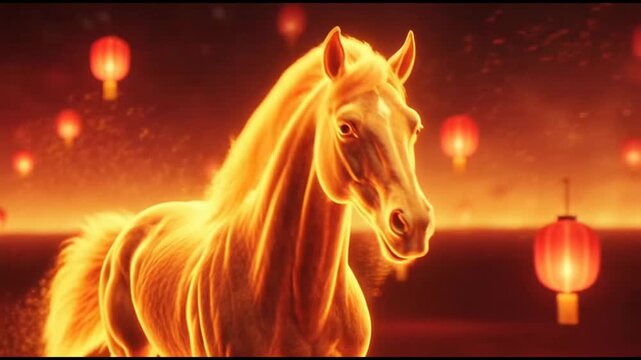 A majestic fire horse gallops energetically amidst burning embers and vibrant red lanterns, symbolizing vitality and prosperity in a cinematic fantasy scene with a warm, golden color