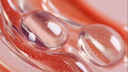 Close-up of transparent gel capsules with liquid droplets on red surface