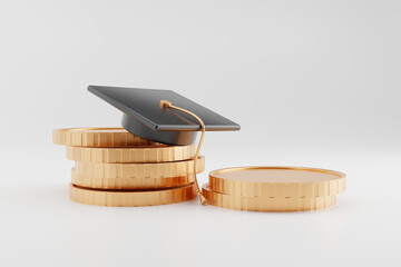 A graduation cap on a pile of coins, against a white background. The concept relates to education expenses and investment in education. 3D rendering.