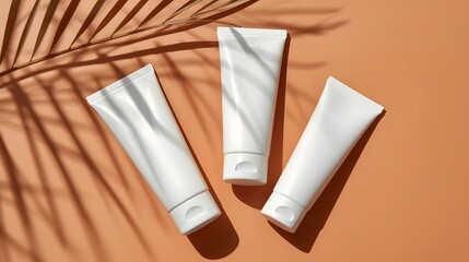 Skincare Product Trio: Three pristine tubes of skincare products rest under the soft shadow of a palm leaf, set against a warm and inviting backdrop.