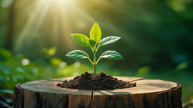 New life idea concept featuring a seedling sprouting from a tree stump. Business development.