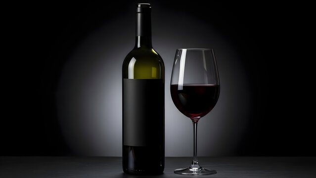Elegant dark studio shot featuring a classic glass of rich red wine juxtaposed beside a green glass bottle with a blank black label ready for custom branding or product advertising mockups.
