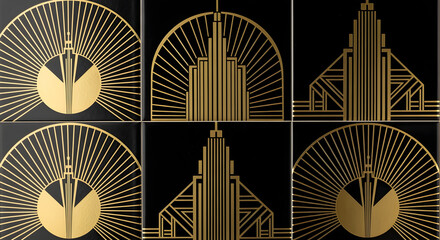 Art Deco-inspired stylized geometric designs in gold on black, featuring radiating lines and building motifs