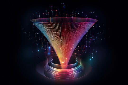 Digital funnel concept collecting and filtering colorful information flow