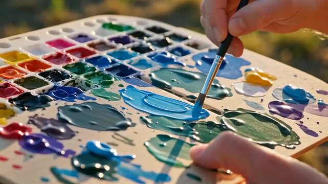 Artist's Hands Mixing Vibrant Blue Paint on a Wooden Palette with Watercolor Pans