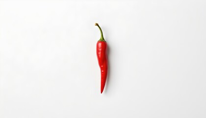 A single chili pepper affixed to a plain white surface, with its stem pointing upwards. The pepper has a vibrant red color, contrasting against the monochromatic background.