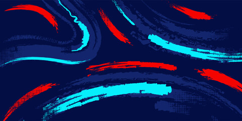 Dark blue abstract background featuring expressive red and cyan paint brush strokes with halftone dot textures and a street-style aesthetic