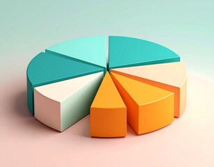 Isometric Pie Chart with Cyan Ivory and Orange Sections on Pastel Background