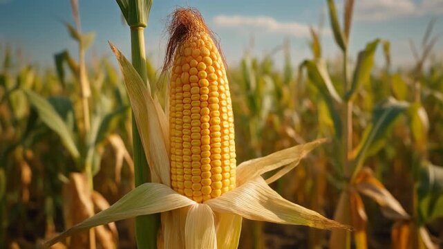 Ripe golden corn ear growing in an organic agricultural field, showcasing healthy maize crop.