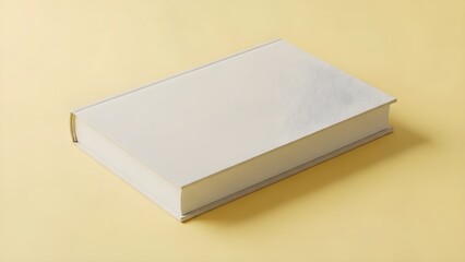 Minimalist closed thick white hardcover book featuring subtle textured pattern detail on the upper right section resting flat upon a smooth pale yellow surface creating soft shadow.