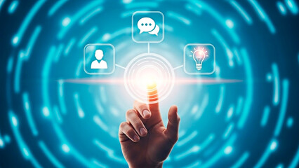 A hand interacting with a digital interface for communication and innovation