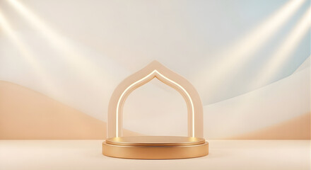 Radiant Ramadan Podium with Soft Light Rays. A glowing arch podium bathed in gentle light rays symbolizes hope and celebration during Ramadan.