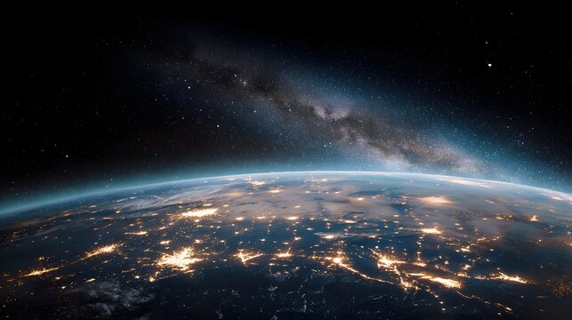 Nighttime view of Earth from space with city lights and Milky Way galaxy