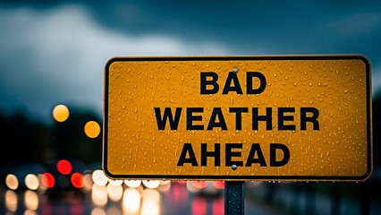 A yellow road sign warns of bad weather ahead on a rainy evening
