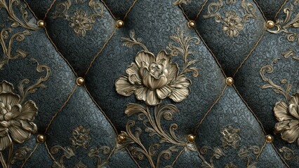 Naklejka premium Opulent Dark Tufted Background with Golden Baroque Floral Ornamentation. Luxurious Capitone Style Pattern with Vintage Gold Relief and Detailed Fabric Texture.