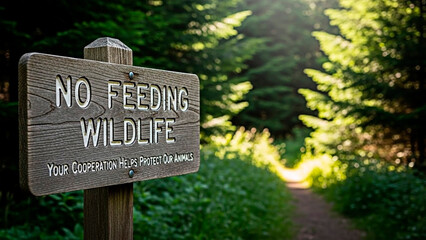 A wooden sign warning against feeding wildlife in a forest