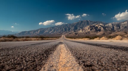 Low angle view of empty desert road leading towards mountain range under blue sky