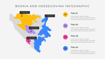 Bosnia and Herzegovina map infographic template with 4 options. Bosnia and Herzegovina political map infographic for presentation.