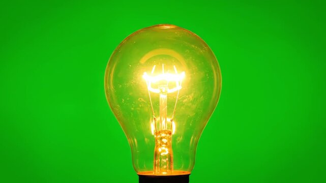 Vintage incandescent light bulb glowing warmly against vibrant green background, studio shot with focused lighting and clean isolation