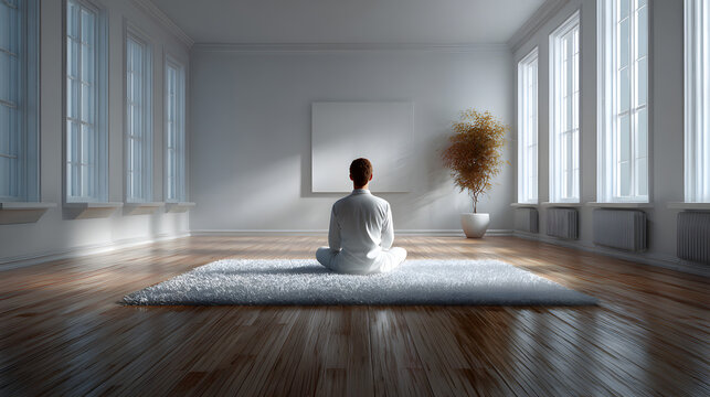 Solitary meditator seated on mat in uncluttered minimalist room 