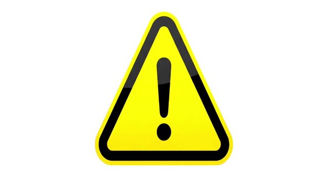 Spinning Yellow Warning Triangle with Exclamation Mark Isolated on White Background - 3D Animation Loop
