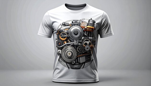 Racing-inspired t-shirt design featuring abstract automotive engine on a white tee-shirt