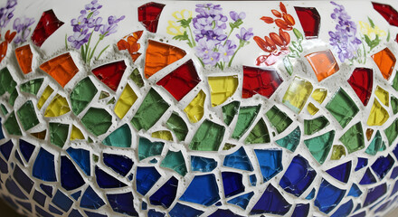 Close-up of a colorful, floral-decorated mosaic bowl. The bowl exhibits a bright display with a gradient pattern and painted flowers