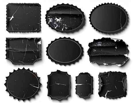 Set of Black Torn Paper Stickers with Scratches on White