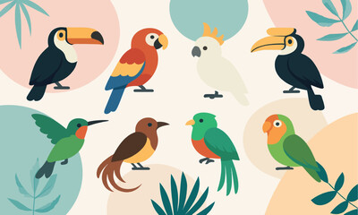 Obraz premium Vibrant Tropical Birds Collection Vector Illustration with Exotic Parrot, Toucan, and Hummingbird Designs
