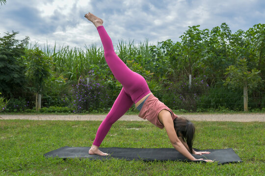 An Asian woman practicing a variation of the Downward Facing Dog pose with one leg raised, focused on strength and flexibility in a natural outdoor environment.
