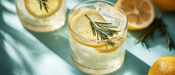 A refreshing drink with lemon and rosemary in a glass on a light-coloured table will create an appetising atmosphere, perfectly complementing the backdrop for culinary blogs or recipes.