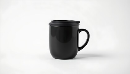 A black coffee mug is prominently displayed against a white background, with a gray gradient visible from the left side of the image to the right