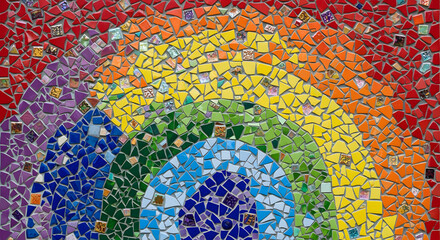 Close-up of a colorful mosaic depicting a rainbow, crafted from irregularly shaped, small tiles of various hues