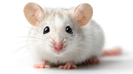 Front view portrait of a cute white mouse with large ears and black eyes. High key macro shot isolated on white background.