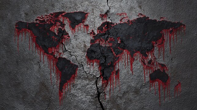Dark cracked concrete wall with bleeding red world map texture