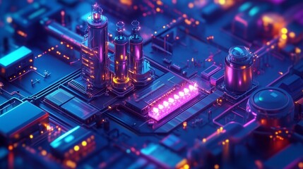 Luminous industrial objects and futuristic-style pipes symbolise technological progress — a striking decorative backdrop for themes of innovation and digitalisation.