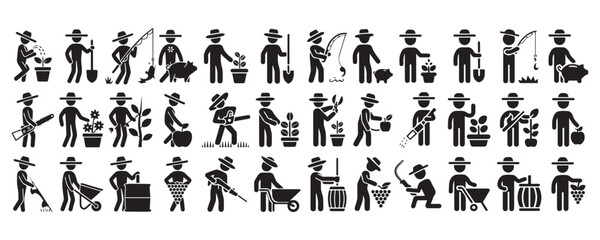Obraz premium Farmer Activity Icons Set Agricultural Work Farming Gardening Harvest Vector Pictograms