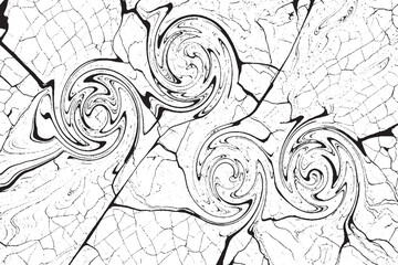 Abstract Black and White Spiral Marble Texture with Cracked Surface Pattern