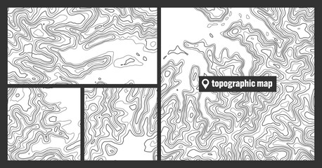 Topographic maps with contour lines. Geographic terrain grid, relief height elevation. Ground path pattern. Travel and navigation, cartography design element. Vector illustration.