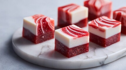 Close-up of layered red and white square dessert bites on marble plate