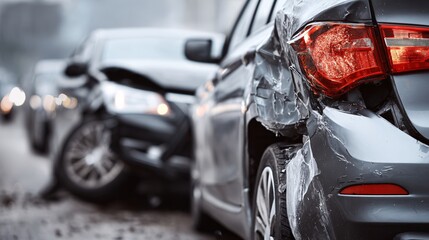 Close-up of damaged rear side of gray car after collision in urban street